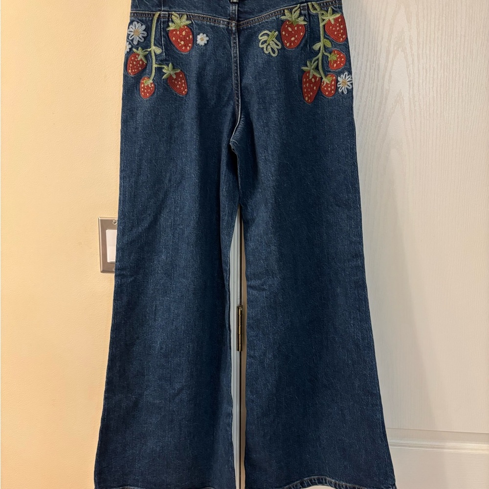 Maeve anthropologie Embroidered Blue Jeans with Strawberry Design on the back